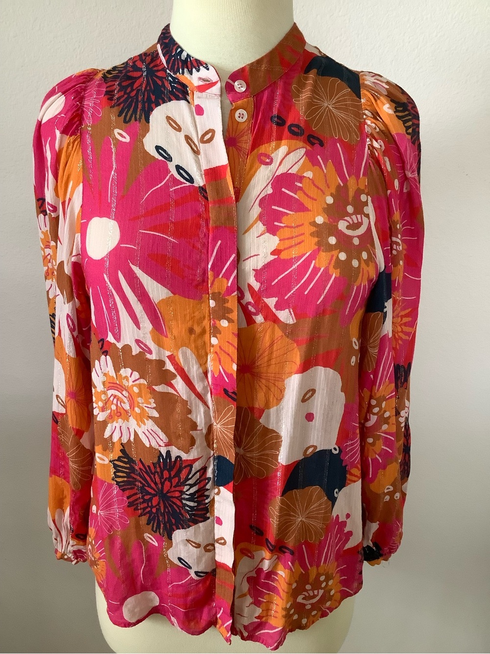 Vilagallo Pink Orange Floral Button-Down Blouse